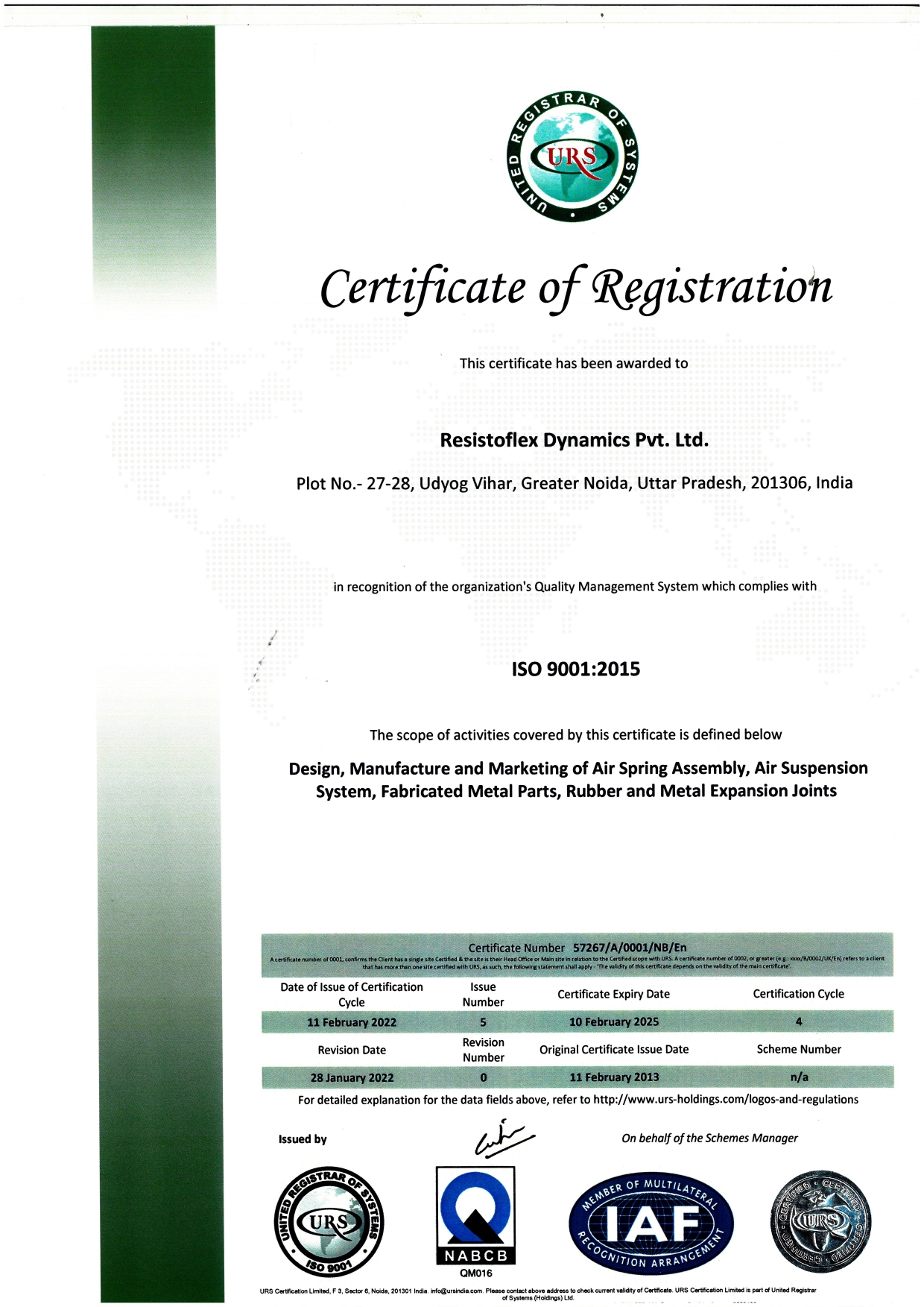 Certification of registration ISO 9001:2015